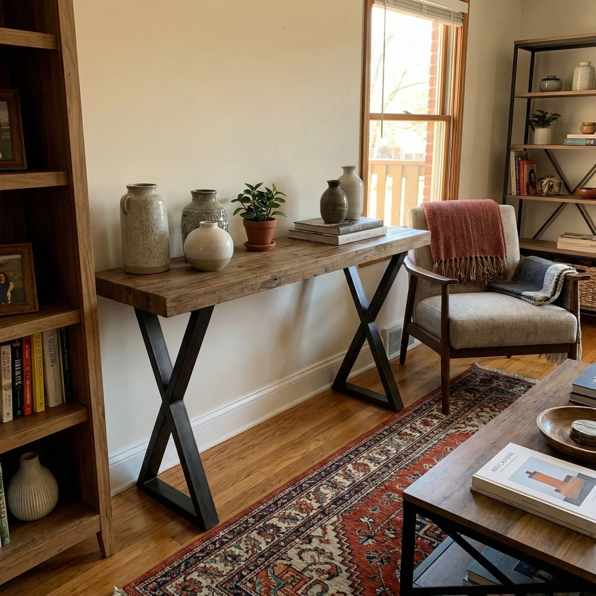 Industrial Wood Console Table with Shelf
